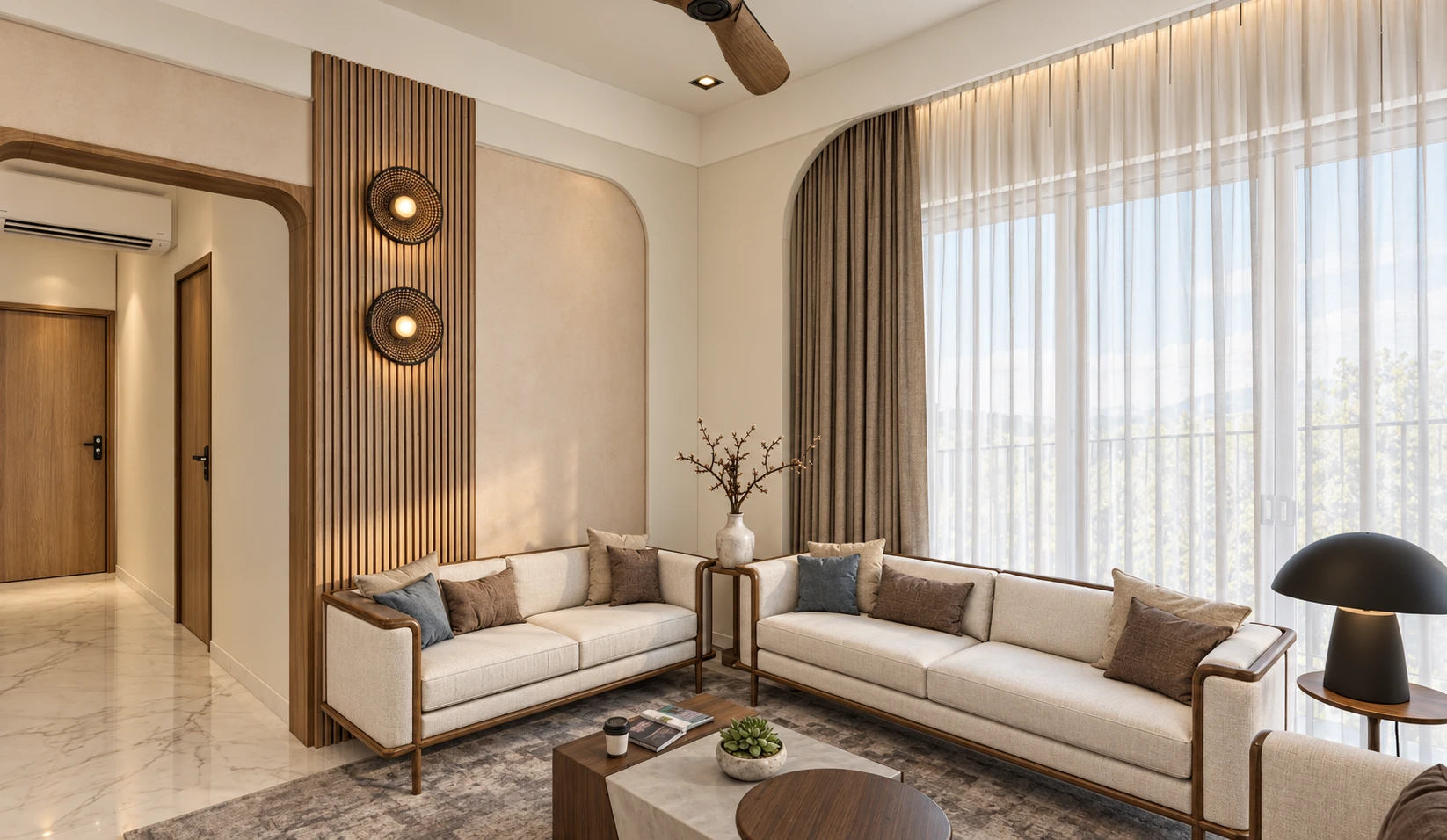 Warm modern living room with oak details and soft natural light