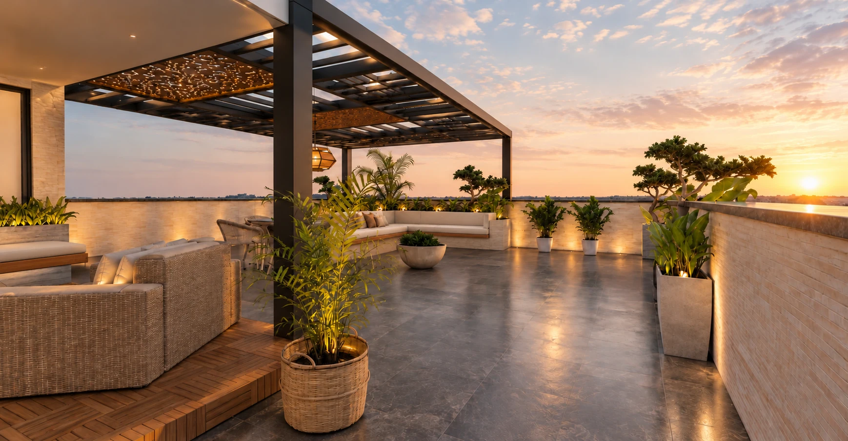 Next Level Studio sunset terrace with pergola, ivory seating and layered landscape lighting
