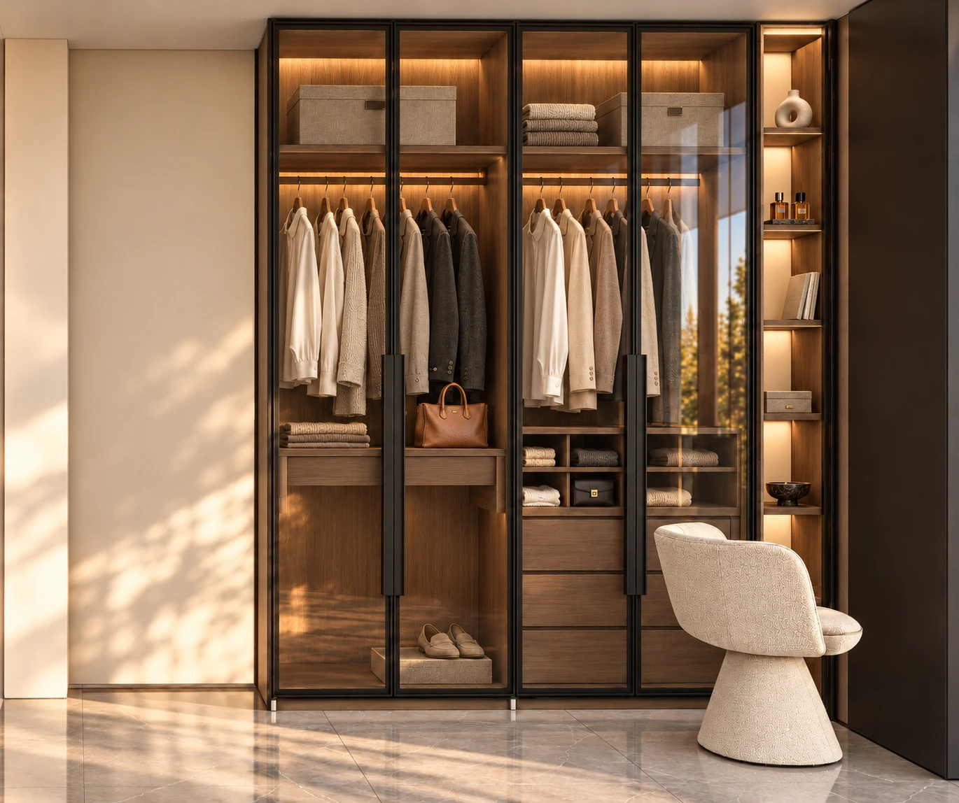 Walnut dressing room with bespoke storage and layered lighting